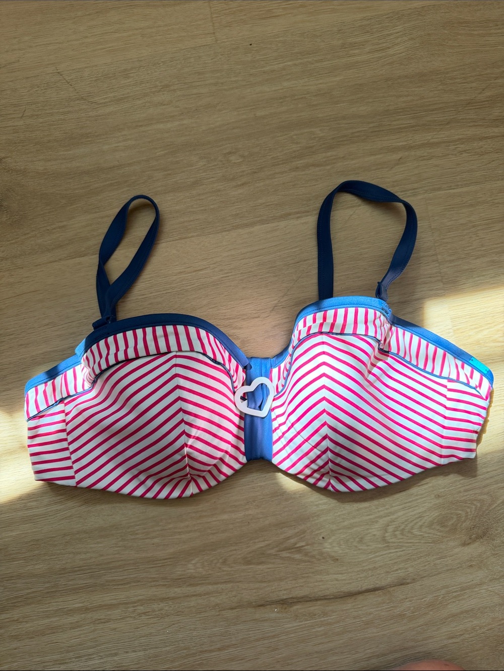 cleo Pink and White Striped Bikini Top with Navy Trim